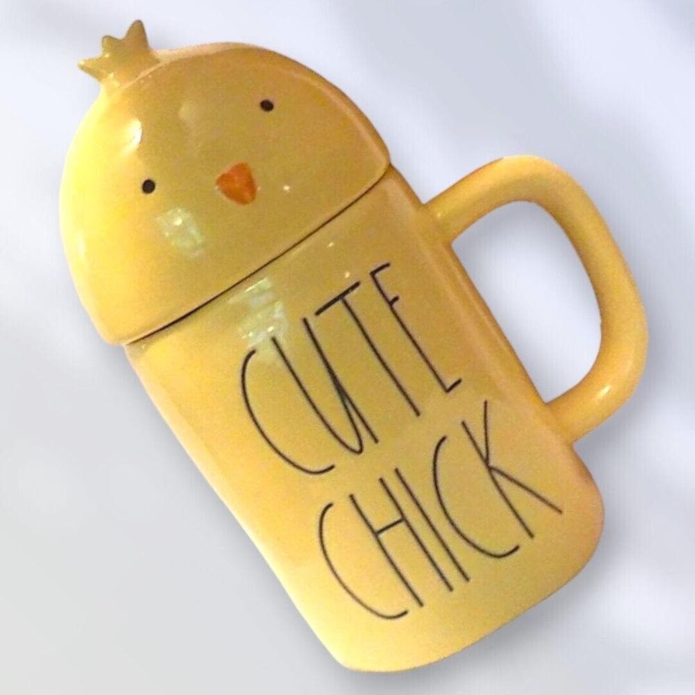 Rae Dunn CUTE CHICK Yellow Ceramic Mug and Topper Lid Easter Spring Farmhouse